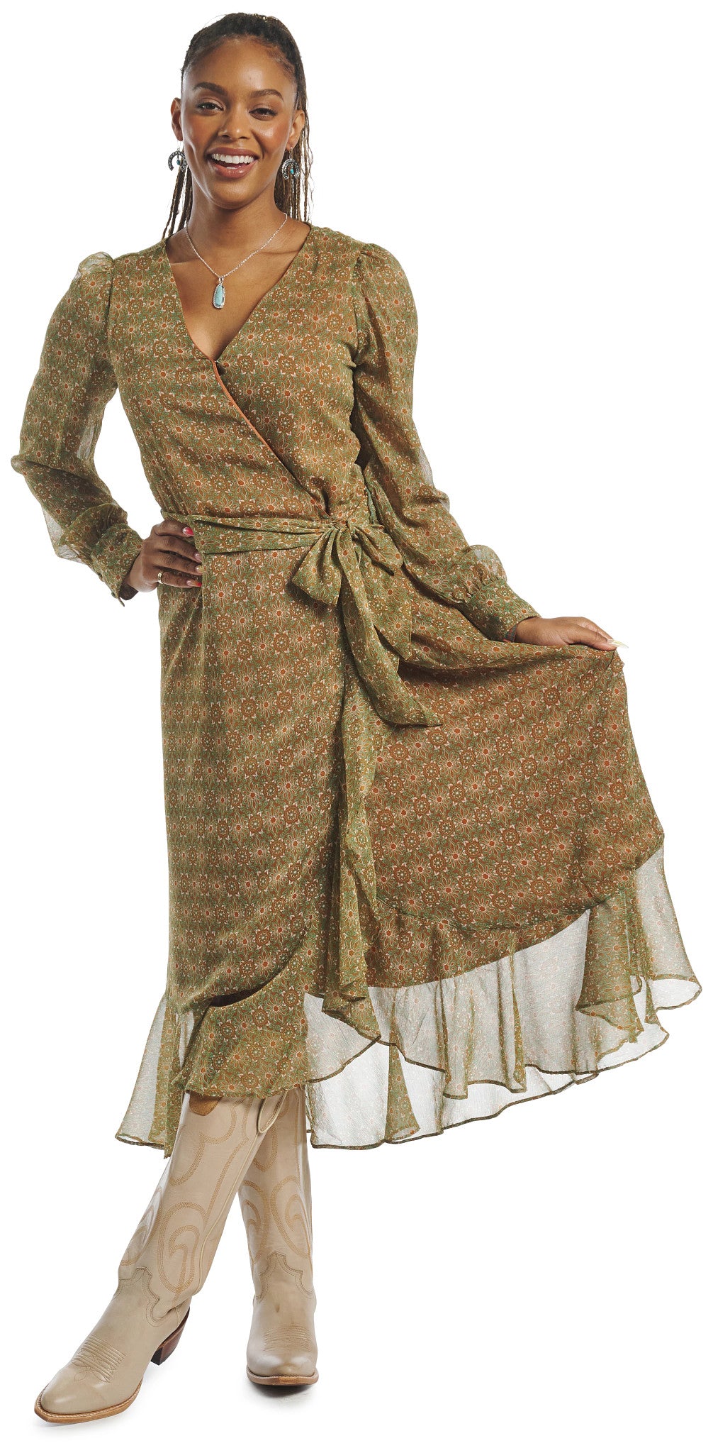 Justin Womens Wrap Maxi Dress ™ - Medallion Floral (Green)